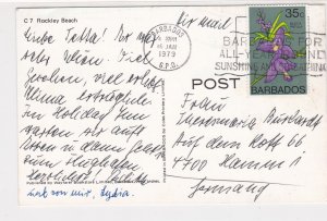 Barbados 1979 All Yr Round Sunshine Slogan Beach Pic Flower Stamp Card Ref29131