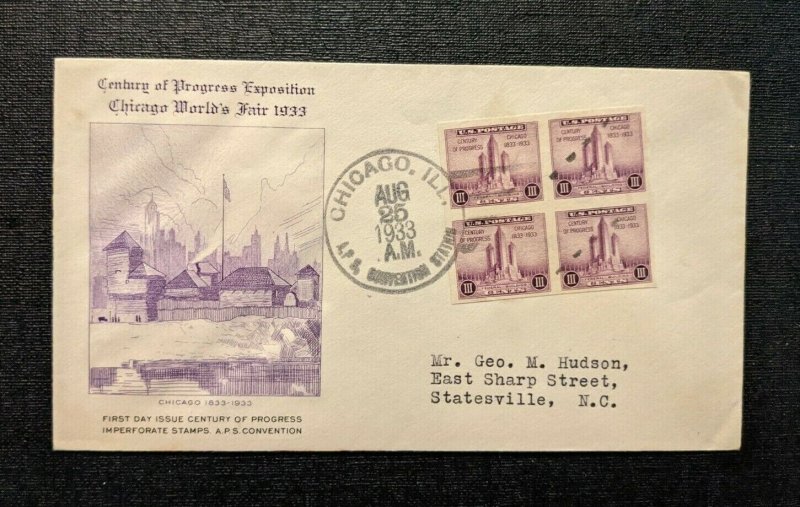 1933 Century of Progress Chicago IL FDC 731 14a Cover to Statesville NC