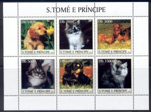 St Thomas & Prince Is. - 2003 MNH sheet of 6 cat & dog stamps #1520 cv $ 9.50