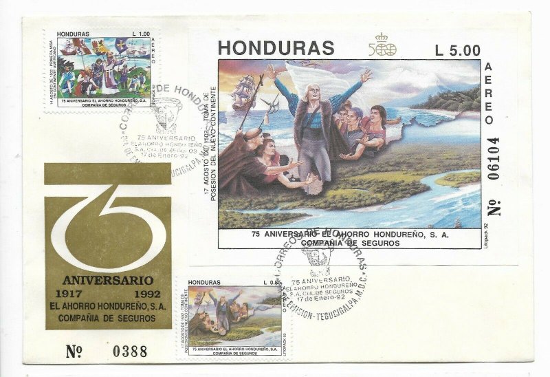 HONDURAS 1992  V CENT DISCOVERY OF AMERICA FDC SOUV SHEET + 1 VAL SAVING BANK