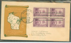 US 739 1934 3c Wisconsin/300th Anniversary - perf (block of four) on an addressed (typed) FDC with a Beverly Hills cachet