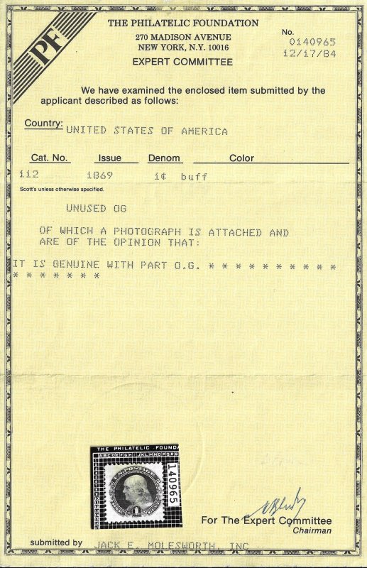 Scott #112 - $500.00 – F/VF-Part OG-VLH – Large margins and vivid color. PF Cert
