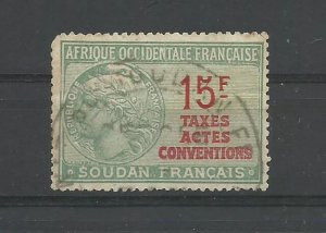 FRENCH COLONY SUDAN 15F TAXES ACTES CONVENTIONS REVENUE STAMP USED