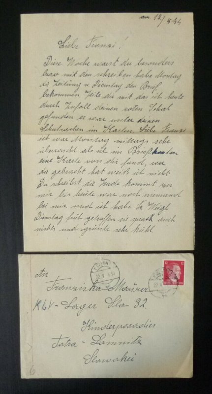 Austria 1944 Germany Dt.Reich WWII Censored Cover to KLV Lager Slovakia B5