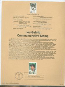 US SP854/2417 1989 USPS Souvenir page FDC, 25c Lou Gehrig/Baseball Great #2417 with First Day cancel