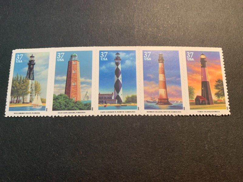 US Postage Scott 3787 - 3791, Strip of 5 2003 Southeastern Lighthouses 37c MNH 