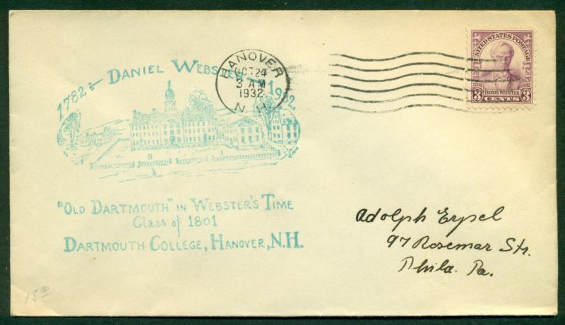 SCOTT # 725 FDC, DARTMOUTH COL. CACHET, SCRIPT ADDRESS, HANOVER, NH, GREAT PRICE