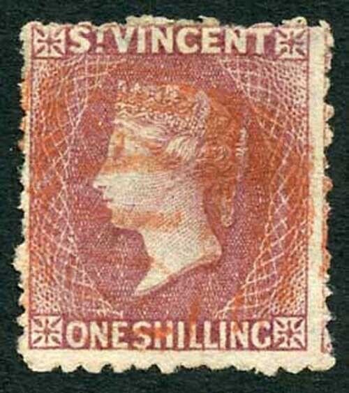 St. Vincent SG21 1875 1/- claret with A10 in RED