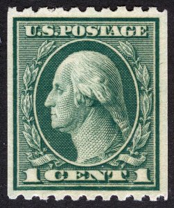 US Sc 448 Green 1¢ 1915 p.10 SLWmk MNH Original Gum Coil Single