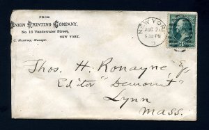 # 184 on cover from Union Printing Company, New York, NY to Lynn, MA - 8-21-1880