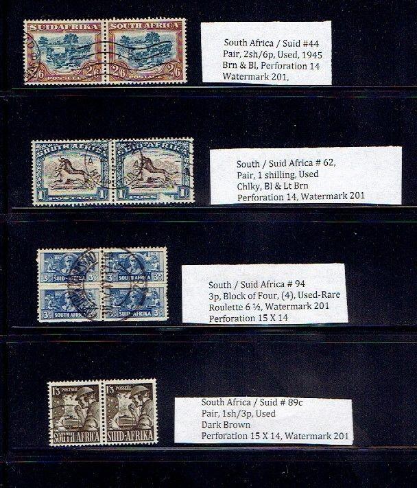 SOUTH AFRICA, SUID, PAIRS, RARE, # 44-2/6,WMK 201, # 62 1/s, # 94, 3,p, 89C,1/3p