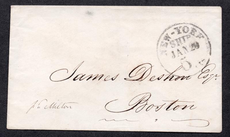 **New York SHIP Cover 1/29 5 cts. CDS to Boston, MA, No Contents