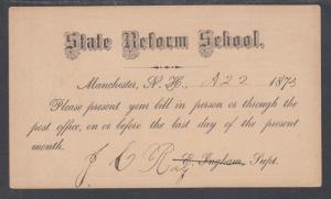 US Sc UX3 used 1873 Illustrated Advertising Postal Card, NH State Reform School