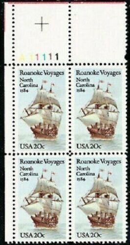 1984 Roanoke Voyages Plate Block Of 4 20c Postage Stamps, Sc# 2093, MNH, OG