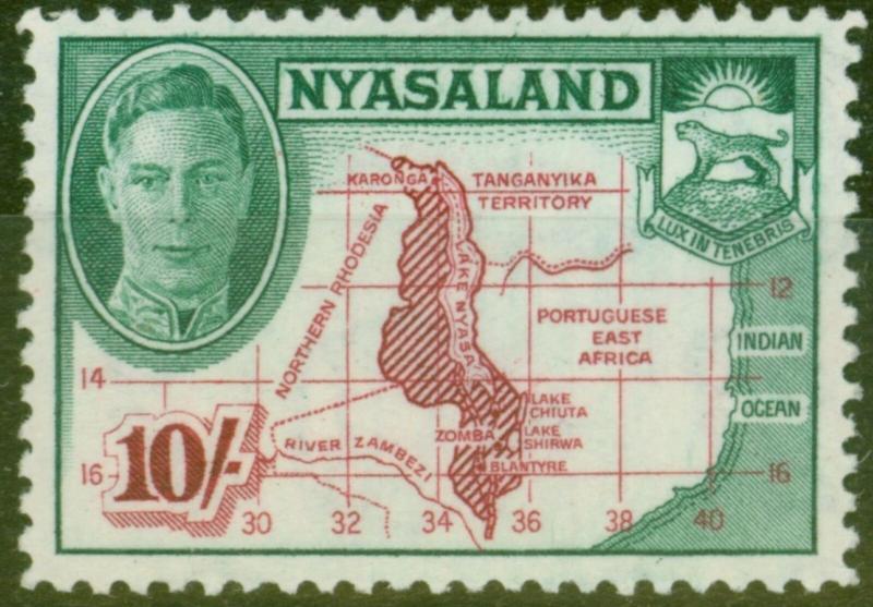 Nyasaland 1945 10s Claret & Emerald SG156 V.F MNH