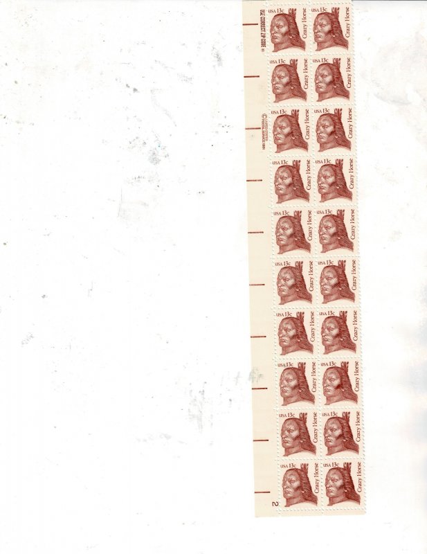 Crazy Horse Lakota Great American 13c US Postage Plate Strip of 20 #1855 VF MNH
