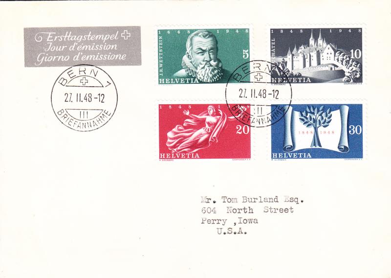 Switzerland 1948 100 Years of the Constitution FDC .  VF