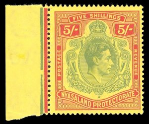 Nyasaland 1938 KGVI 5s pale green & red/yellow (CH) MNH. SG 141. Sc 65.