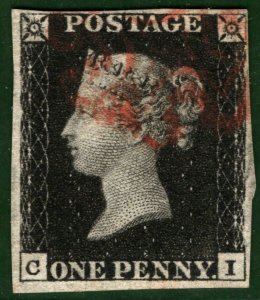 GB PENNY BLACK QV Stamp 1d Plate 6 (CI) Red MX (1840) Used VFU Cat £375 GRED22