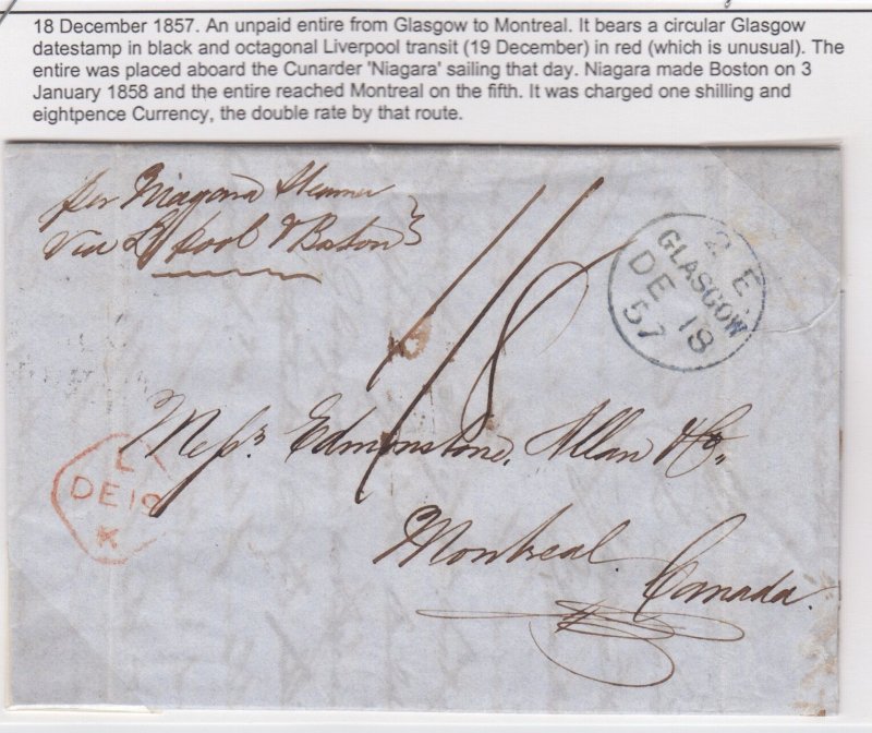 1857 Glasgow to Montreal Cunard Niagara via Boston, 1 sh 8p double rate