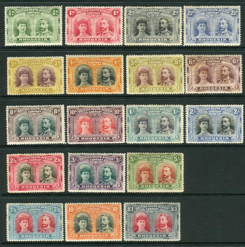 RHODESIA-1910-13 ½d to £1 Perf 14  A mounted mint set of 18 Sg 119-165