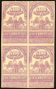 Mexico Stamps # RV29 Unused VF Hinged Block Of 4 Revenue Scott Value $120.00