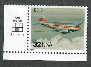 3142q DC-3 Classic Aircraft MNH plate number single PNS