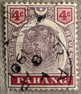 Pahang 1899 4c Tiger with nice RAUB cds. SEE NOTE. Scott 14A, CV $19.50, SG 15