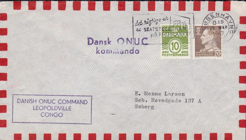 Denmark 1967 Conflict Cover Danish ONUC Command Leopoldville,Congo. Domestic