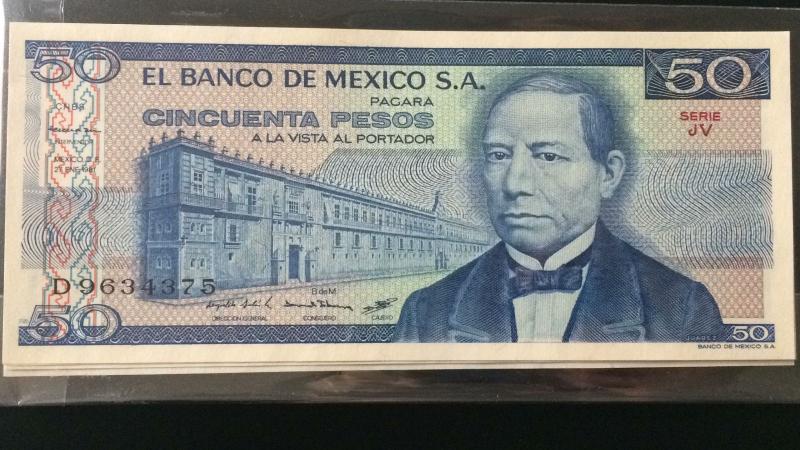 L) 1981 MEXICO, BANKNOTES, BENITO PABLO JUAREZ GARCIA, PRESIDENT, AZTEC TEMPLE