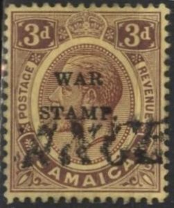 Jamaica MR6 (used) 3p George V, violet on yellow paper, ovptd (1917)