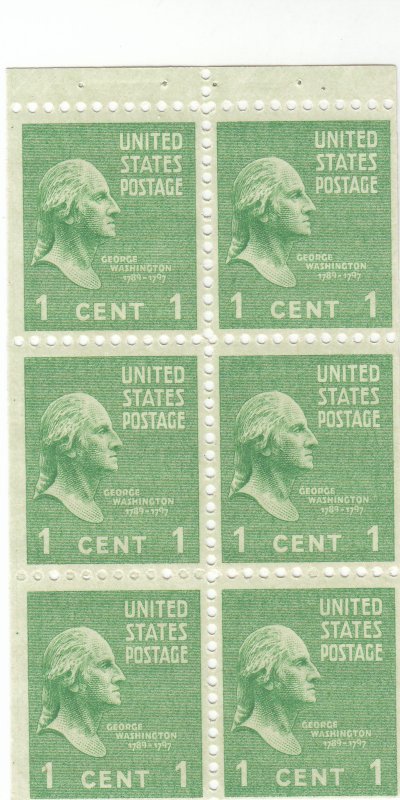 Scott# 804b - 1c Green - Washington - perf 11x10.5 -  booklet pane of 6 - MNH