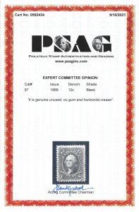 97 Unused 12c. Washington,  PSAG Cert.  scv: $1,000,  FREE INSURED SHIPPING,