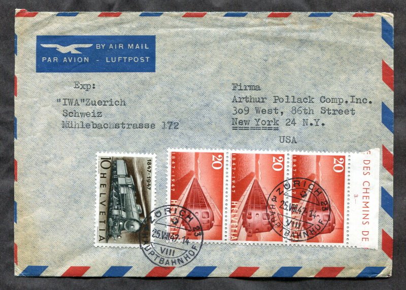 p462 - SWITZERLAND 1947 Airmail Cover to USA. Train Stamps