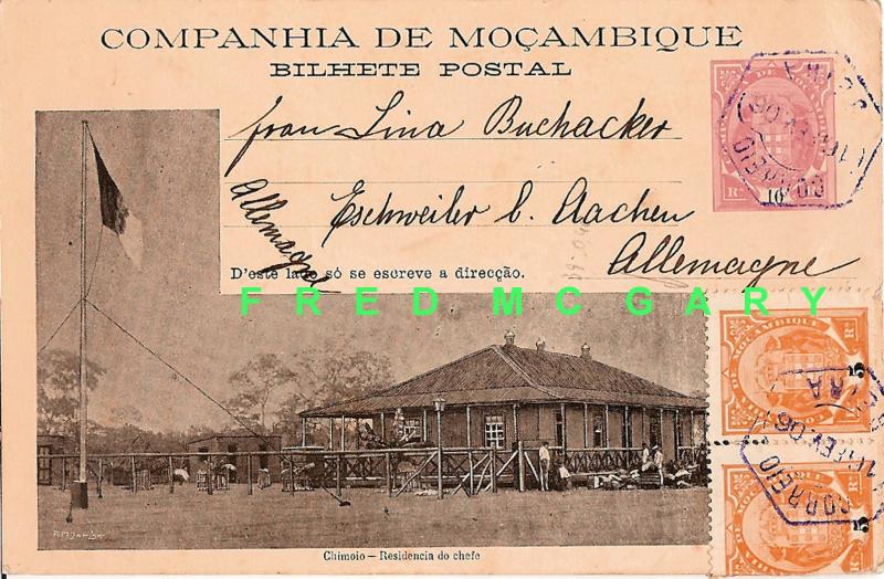 1906 Mozambique CO. PC: Chimolo Chief's Hut, Stamps Added For Rate To Germany