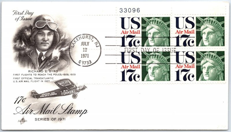 US FIRST DAY COVER C80 17c LIBERTY HEAD AIRMAIL PLATE BLOCK OF (4) CACHET 1971