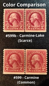 Scott Stamp# 599b - Washington 1923 2¢ Scarce Carmine Lake.  MH OG.