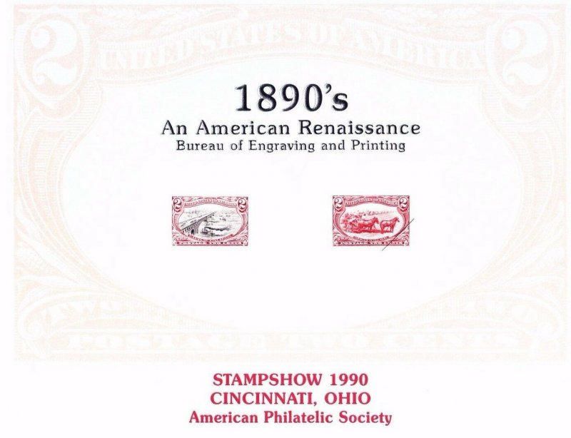 BEP Souvenir Card B142 APS '90 #286 #293 Trans-Mississippi Am. Renaissance Mint 