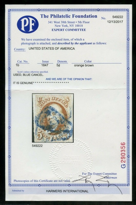 UNITED STATES SC#1b 5c FRANKLIN PAID BLUE CANCEL W/PHILATELIC FOUNDATION CERT