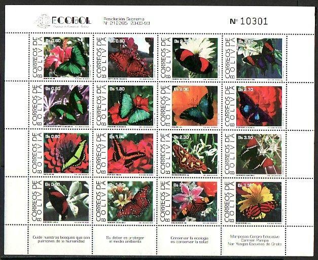 Bolivia, Scott cat. 889 A. Butterflies sheet of 16 values. ^