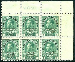 CANADA #MR1 1¢ War Tax Stamp, Plate No. Block of 6 NH