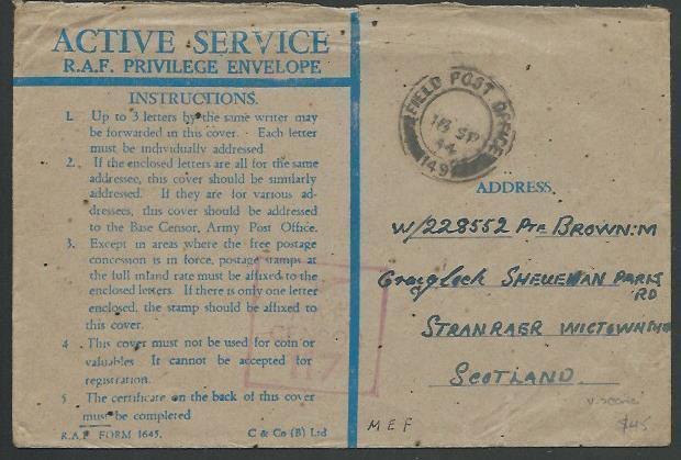GB 1944 RAF PRIVILEGE ENVELOPE ussed FPO 149, censor - scarce..............58988