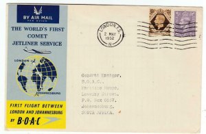 GB KGV1 ON 1st FLIGHT LONDON TO SOUTH AFRICA 1952 COVER BOAC