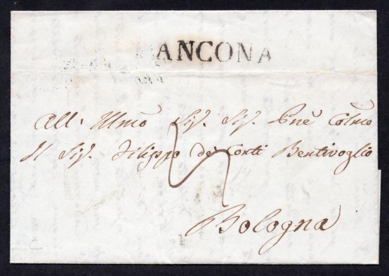 ITALY Stampless 1844 Cover ANCONA to BOLOGNA with Contents