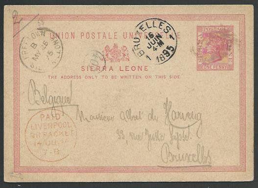 SIERRA LEONE 1895 1d postcard uesd to Belgium, Liverpool Br Packet cds.....57011