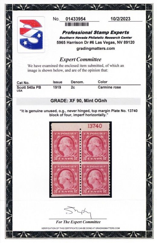 540a, Mint NH XF 2¢ Plate Block - With PSE Graded 90 Certificate - Stuart Katz