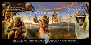 GUINEA - 2012 - Endangered Animals in W. Africa-Perf 3v Sheet-Mint Never Hinged