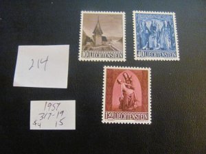 LIECHTENSTEIN 1957 MNH  SC 317-319 SET  XF  $15 (214) NEW COLL.