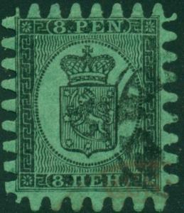 FINLAND #7 8 pen green, roulette III, used, HUGE STAMP w/perfect teeth