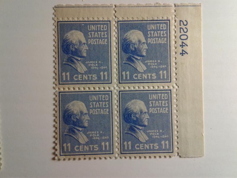 SCOTT # 816 PLATE BLOCK 11 CENT MINT VERY LIGHTLY HINGED POLK PRESIDENTIAL